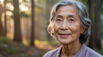 A serene elderly Asian woman smiles warmly in a sunlit forest setting.