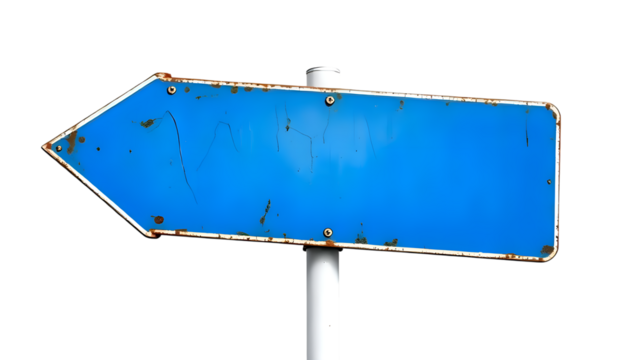 blue blank road sign with rust isolated on transparent