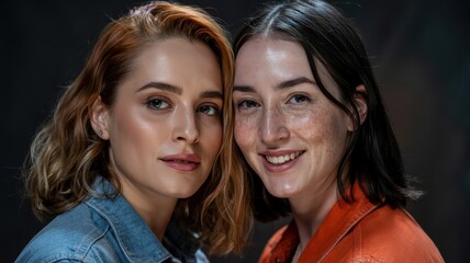 Fototapeta premium Two young women, one with wavy blonde hair and the other with straight dark hair, smiling brightly together.
