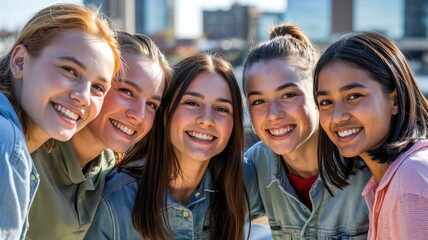 Fototapeta premium Five smiling young women of diverse ethnicities enjoying a sunny day together.