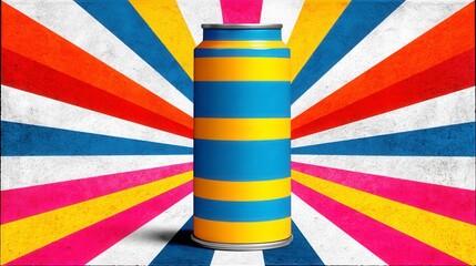 Obraz premium Blue and Yellow Striped Aluminum Can on Multicolored Radial Background