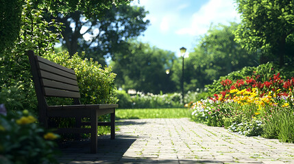 Park Bench Amidst Colorful Flowers Under Sunny Daylight