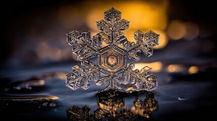 Reflective snowflake intricate ice crystal in warm-lit water, dramatic sky