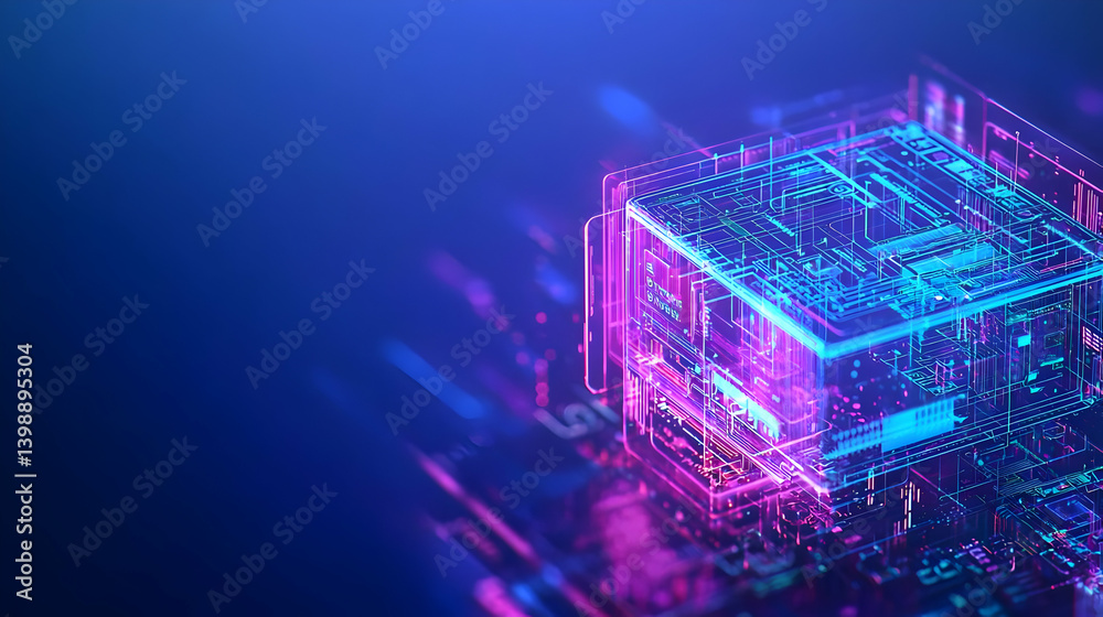 Poster abstract futuristic glowing cube displaying digital data