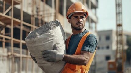 A Hispanic construction worker carrying cement bags at a construction site. Featuring strength and focus