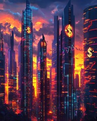 Neon sunset futuristic finance cityscape - generative ai illustration