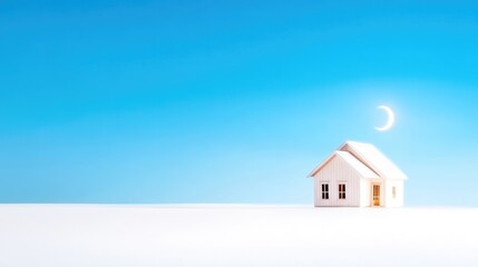 A serene, minimalist depiction of a small, white house on a snow-covered landscape under a pale blue sky with a crescent moon