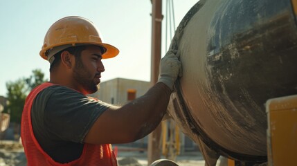 A Hispanic construction worker checking a cement mixer at a construction site. Featuring care and precision