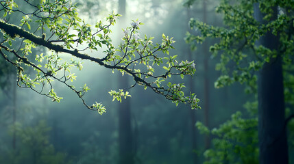 Misty Forest Branch In Springtime