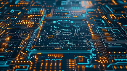 Obraz premium Abstract Circuit Board Pattern With Glowing Lines And Orange And Blue Colors