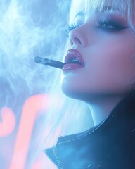 Fototapeta premium Stylish woman smoking under neon lights vogue editorial beauty concept glamorous portrait