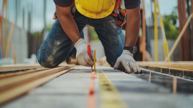A Hispanic construction worker checking measurements on a construction site. Featuring precision and focus