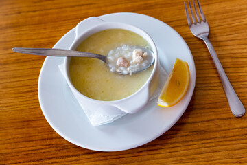 Traditional turkish chicken broth soup closeup