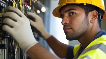 A Hispanic construction worker checking the electrical wiring at a construction site. Featuring electrical knowledge and safety