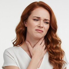 Beautiful woman is experiencing pain in her neck, it could be internal heat or muscle injury, white background
