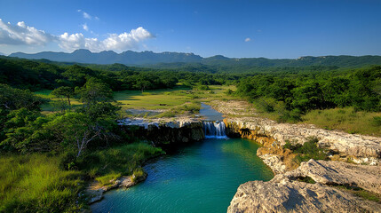 Tranquil Mountain River With Waterfall In Lush Forest