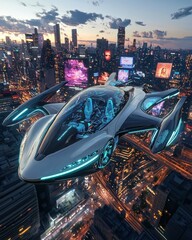 Futuristic flying vehicle hovering over sunset cityscape advanced technology & urban dynamism