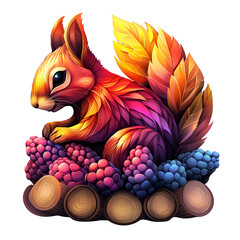 Naklejka premium Colorful Squirrel Surrounded by Berries and Autum Leaves on a Log in a Whimsical Woodland Setting with Vibrant Colors and Detailed Artwork