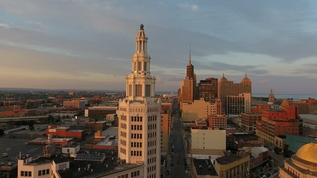Aerial sunrise over the city of Buffalo New York