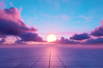 Sunset sky with puffy clouds and tiled ground