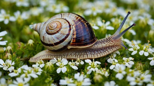 Snail crawling among small white flowers in a garden, macro animal photograph with patterned shell and textures, natural world