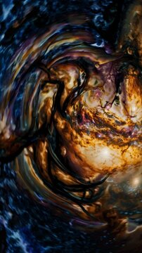 Abstract cosmic swirl with fiery hues, viewed from a dynamic angle, creating a mesmerizing video effect of a swirling galaxy in motion. Live mobile wallpaper.