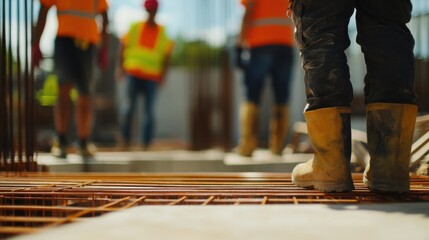 A Hispanic construction worker coordinating with a team during construction. Featuring teamwork and communication