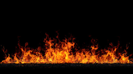 Horizontal Line Of Fiery Flames Against Black Background