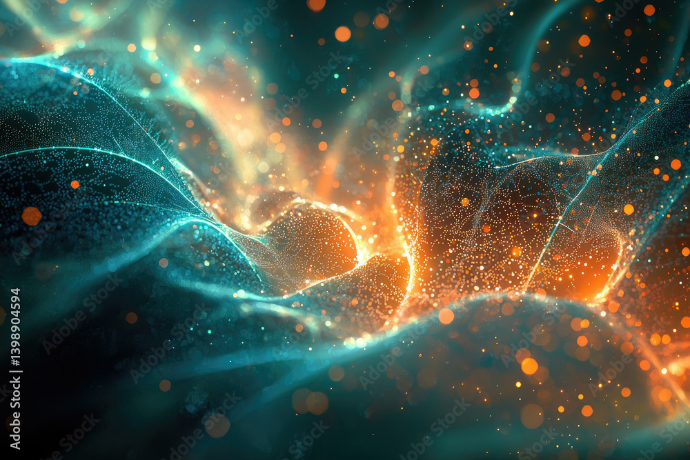 Poster Abstract digital art depicting swirling teal and orange particles, creating a luminous, ethereal effect.