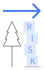 Blue arrow flows horizontally past a triangular tree and blocks stacked to spell RISK. Ideal for risk management, strategy, growth, innovation, decision-making, direction, abstract line flat metaphor