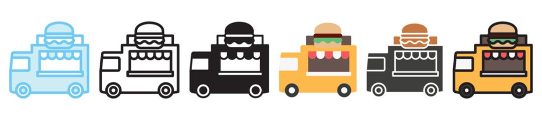 Food Truck multi style, mini illustration icon set. outline, flat, glyph, line color, UI, UX, app and web, digital or print. vector EPS 10 related to street food, food festival.