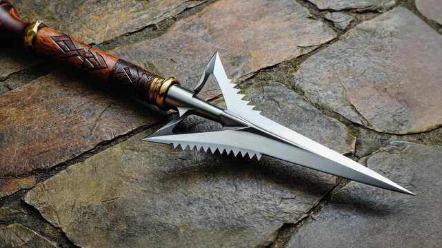 Exotic medieval style knife with serrated edges and wood handle displayed on weathered flagstone floor in intricate detail.