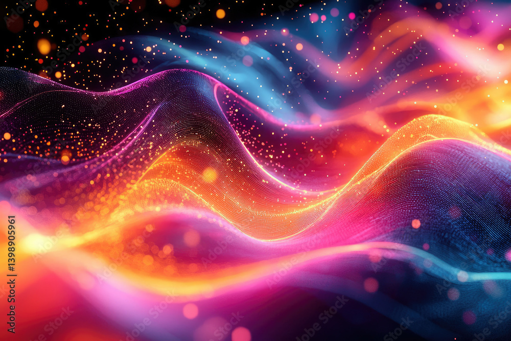 Poster Abstract vibrant waves of particles and light, creating a dynamic and colorful digital art piece.
