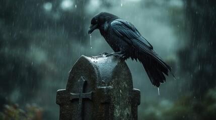 Gothic Raven Perched on Weathered Tombstone in Rainy Cemetery Scene