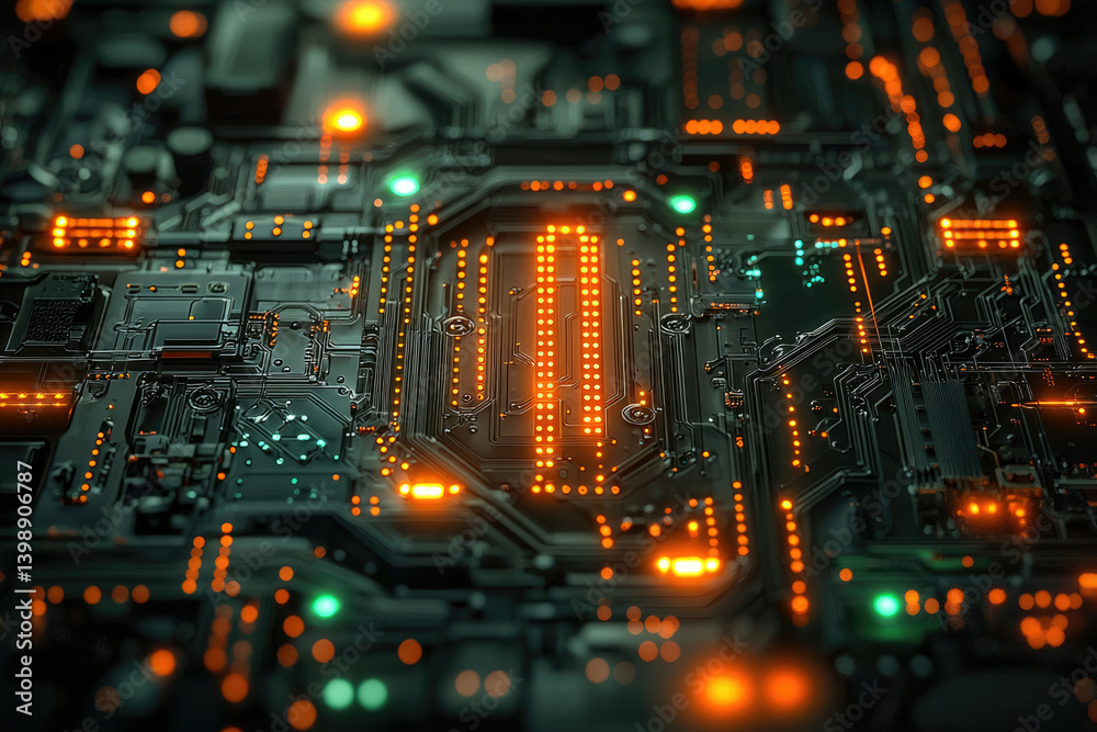 Poster Close-up of a futuristic circuit board with glowing orange and green components, showcasing intricate details and technological advancement.