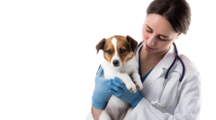 Compassionate veterinarian gently holds a small dog during a checkup, creating a comforting and caring environment for animal healthcare.