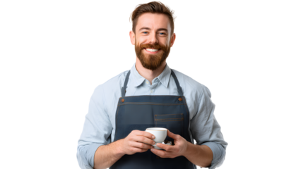 Smiling man with a beard and apron, holding a white coffee cup. He looks directly at the camera with a pleasant expression.