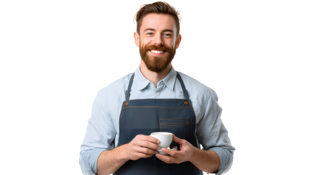 Smiling man with a beard and apron, holding a white coffee cup. He looks directly at the camera with a pleasant expression.