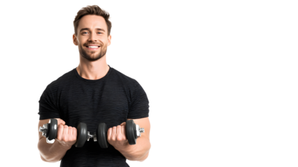 A smiling man in a black shirt curls dumbbells for a workout. Black background and a big smile while lifting weights. Fitness strength training.