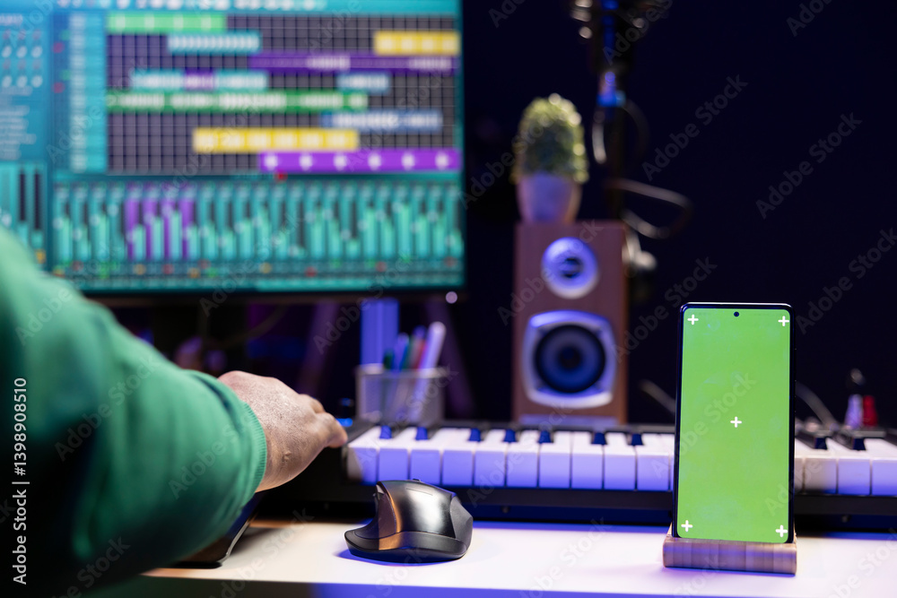 Poster african american musician working on editing new music with a greenscreen, operating on mixing conso