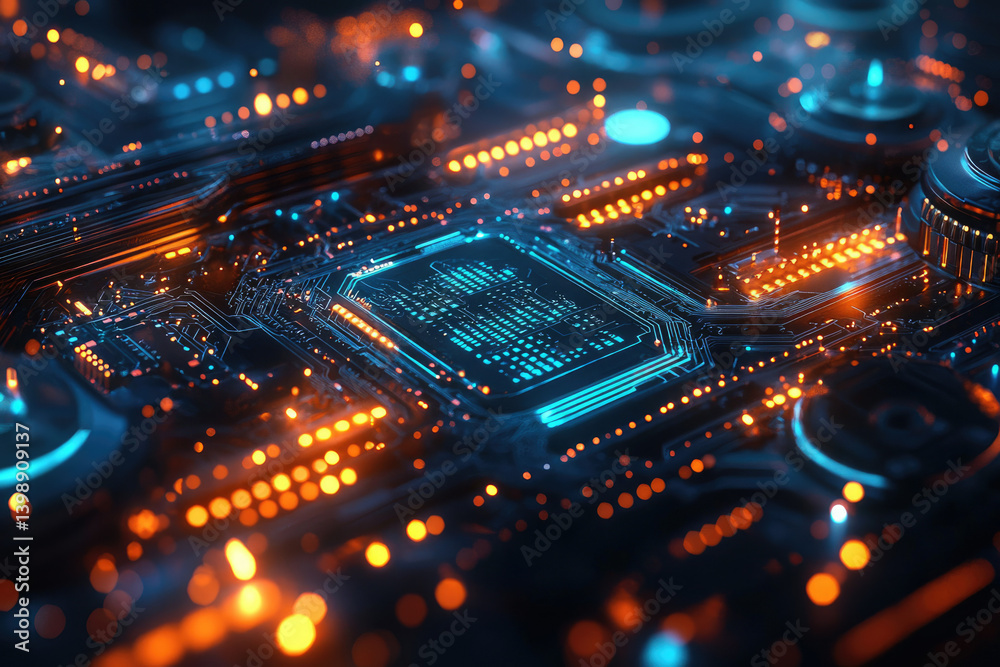 Poster close-up of a futuristic circuit board with glowing blue and orange components, showcasing intricate
