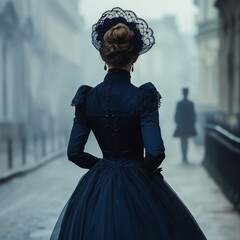 Artistic full body portrait of young Victorian woman, aristocratic charm of 19th century aesthetics