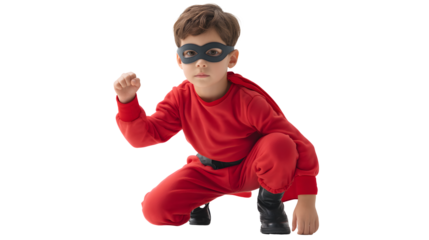 A young boy, dressed in a vibrant red superhero costume complete with a cape and mask, crouches down in a poised, ready to act pose.