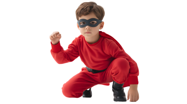 A young boy, dressed in a vibrant red superhero costume complete with a cape and mask, crouches down in a poised, ready to act pose.