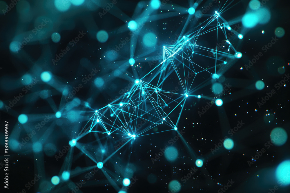 Aufkleber Abstract digital network connection with glowing nodes and lines in dark space.
