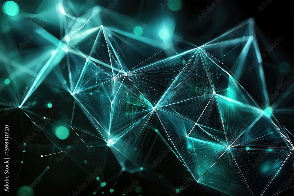 Poster Abstract teal geometric network with glowing lines and nodes, representing connection and data flow.