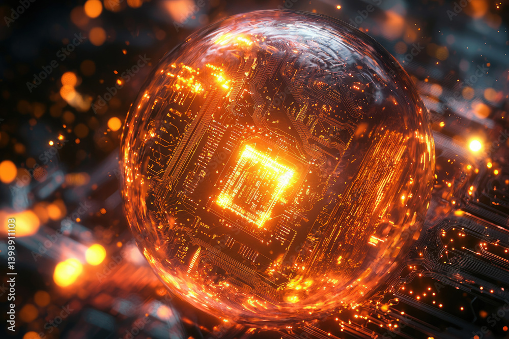 Poster a glowing sphere encapsulates a circuit board, symbolizing technological innovation and digital powe