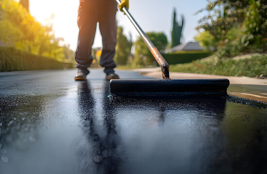 Person sealing driveway with squeegee applicator tool in sunny day. Driveway asphalt sealcoating protects pavement, prevents fractures. Maintenance worker spreads liquid tar coal. Home improvement,
