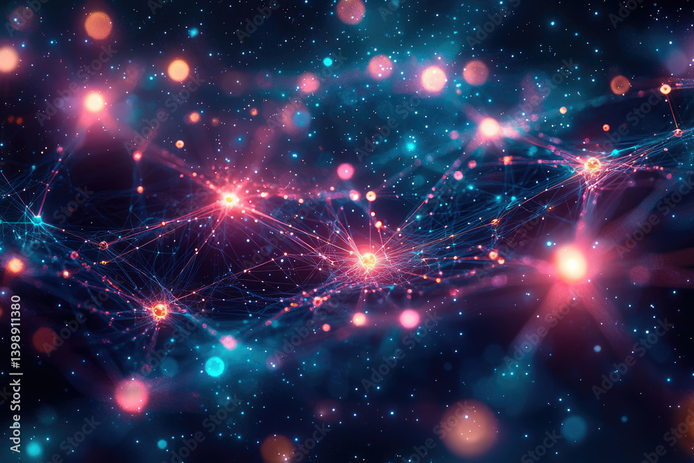 Aufkleber Abstract cosmic network visualization; interconnected nodes and glowing energy streams in a dark space.
