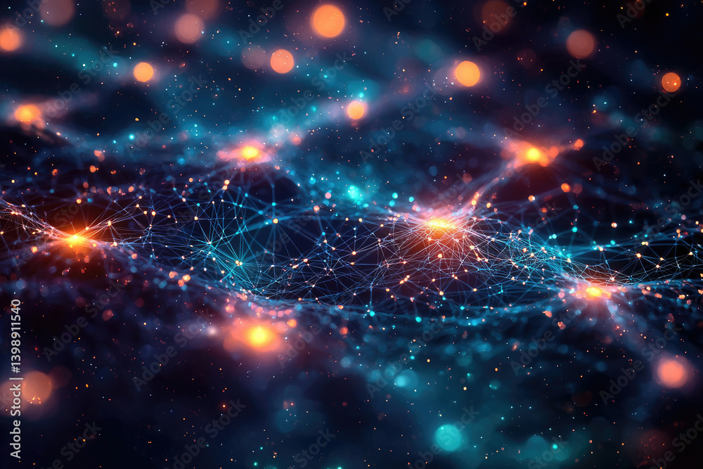 Fototapete abstract digital network, glowing nodes and connections forming a wave-like pattern in a dark space.
